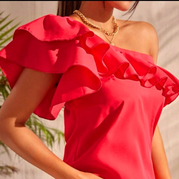 New, Lavishly Paris Women’s Absolutely Exquisite One Shoulder Ruffle Trim Blouse - Picture 3 of 15